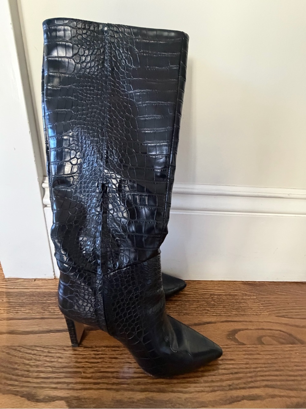 Black Croc-Embossed Pointed-Toe Knee Boots - Women's